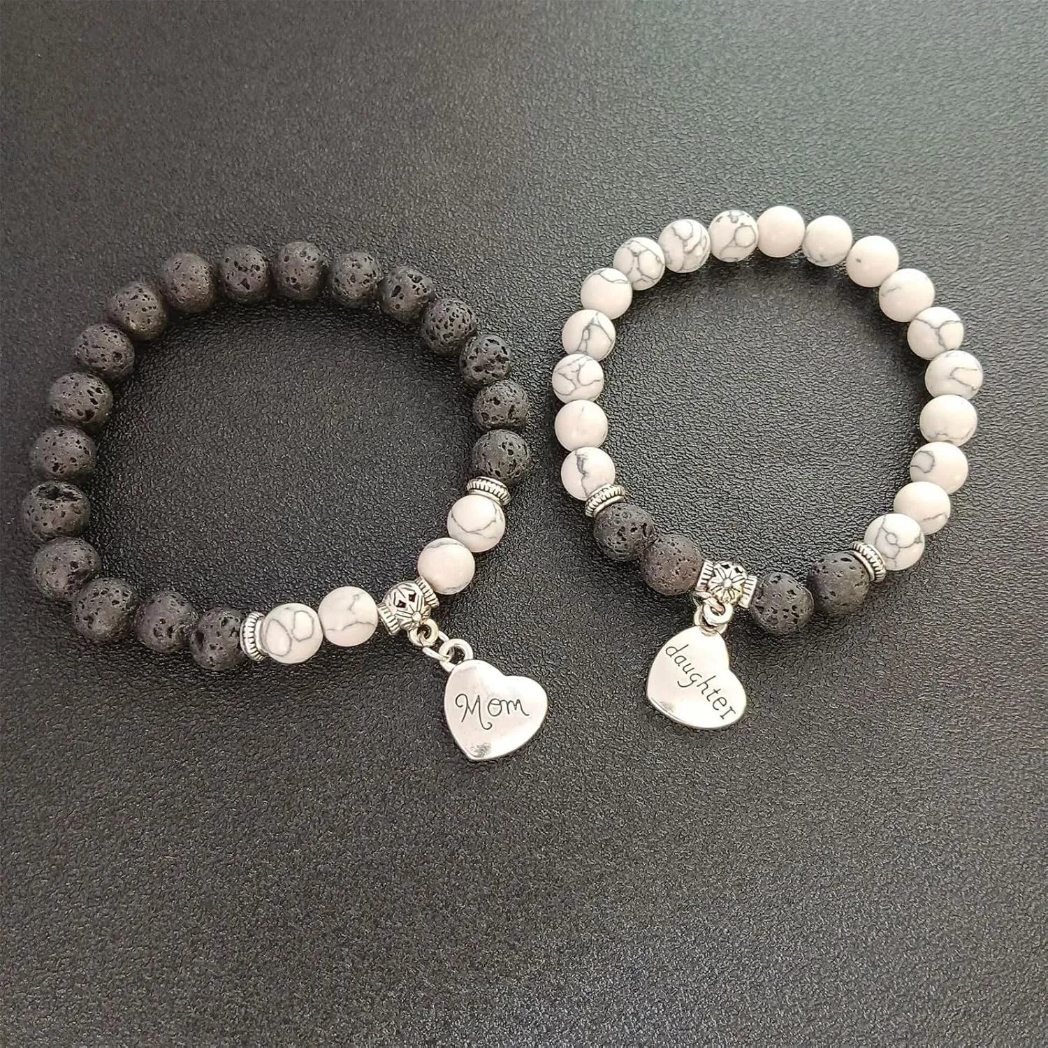 COLORFUL BLING 2Pcs Love Heart Matching Natural Stone Bead Stretch Bracelet Set for Women Mom Mother Daughter Best Friend Brother Sister Wrap Bracelet Birthday Jewelry Mother's Day Gift