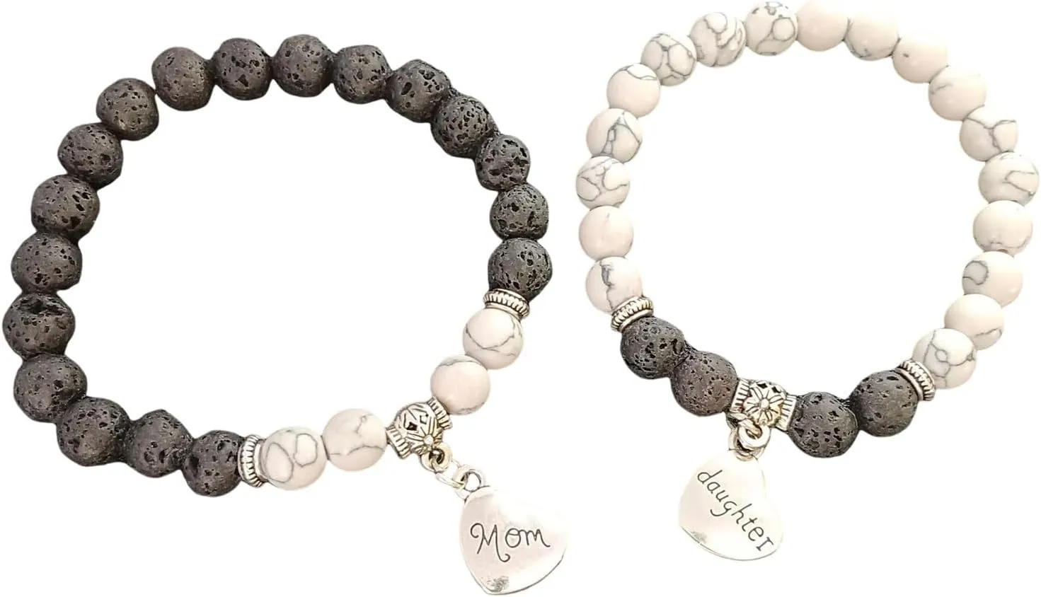 COLORFUL BLING 2Pcs Love Heart Matching Natural Stone Bead Stretch Bracelet Set for Women Mom Mother Daughter Best Friend Brother Sister Wrap Bracelet Birthday Jewelry Mother's Day Gift