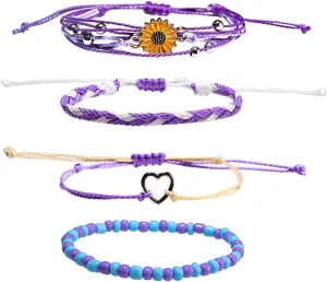 COLORFUL BLING 4-Piece Summer Surf Anklet Bracelet Adjustable Chain Braided Rope Bracelet Sunflower Heart Beads Friendship Bracelet Beach Surf Jewelry Girl-C Purple