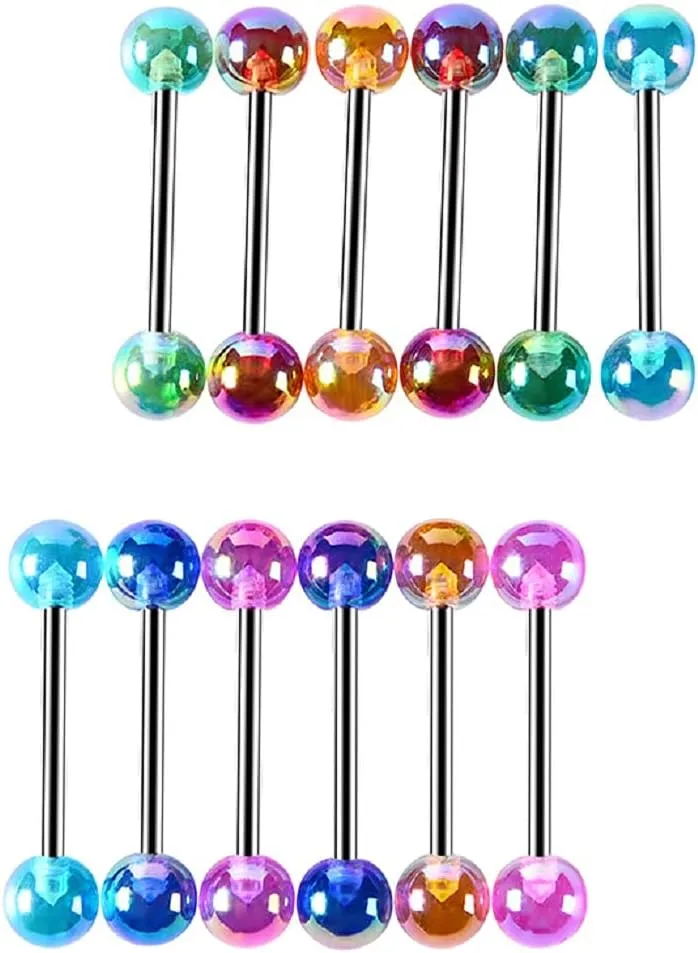 COLORFUL BLING Candy Color Tongue Rings Set Ball Nipple Ring Piercing 14G Surgical Steel Acrylic Barbell Retainer Bar for Women Men Body Jewelry Length 16mm
