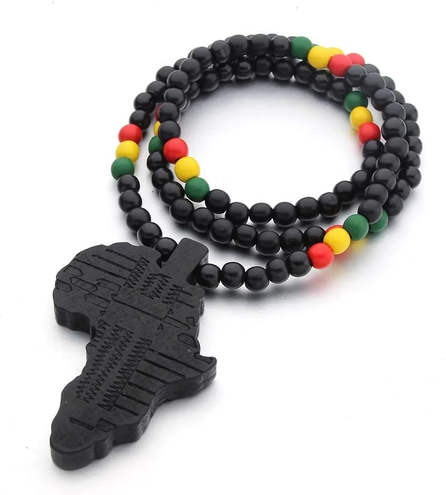COLORFUL BLING Multicolor 8MM Wooden Bead Chain African Hip-hop Africa Map Pendant Necklace for Men Boys Natural Wood Jewelry