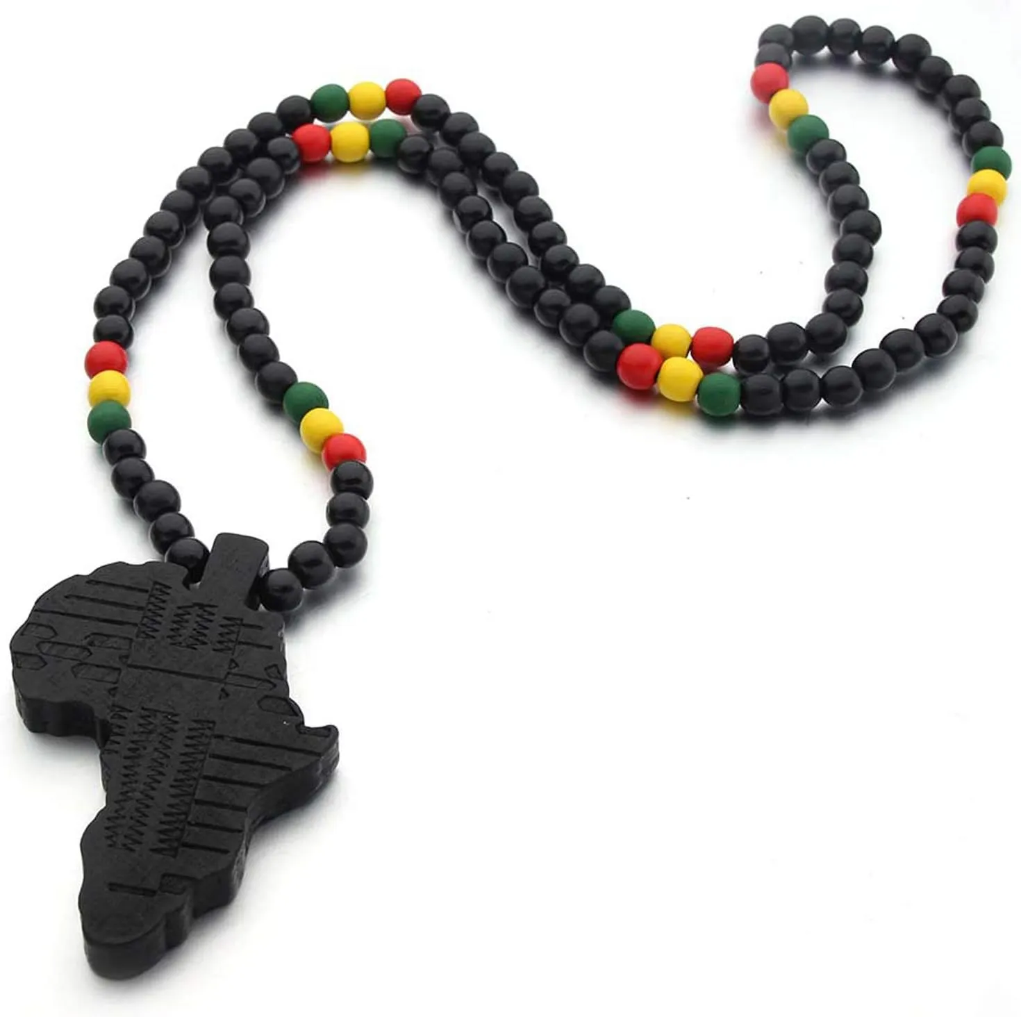 COLORFUL BLING Multicolor 8MM Wooden Bead Chain African Hip-hop Africa Map Pendant Necklace for Men Boys Natural Wood Jewelry