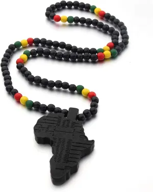 COLORFUL BLING Multicolor 8MM Wooden Bead Chain African Hip-hop Africa Map Pendant Necklace for Men Boys Natural Wood Jewelry