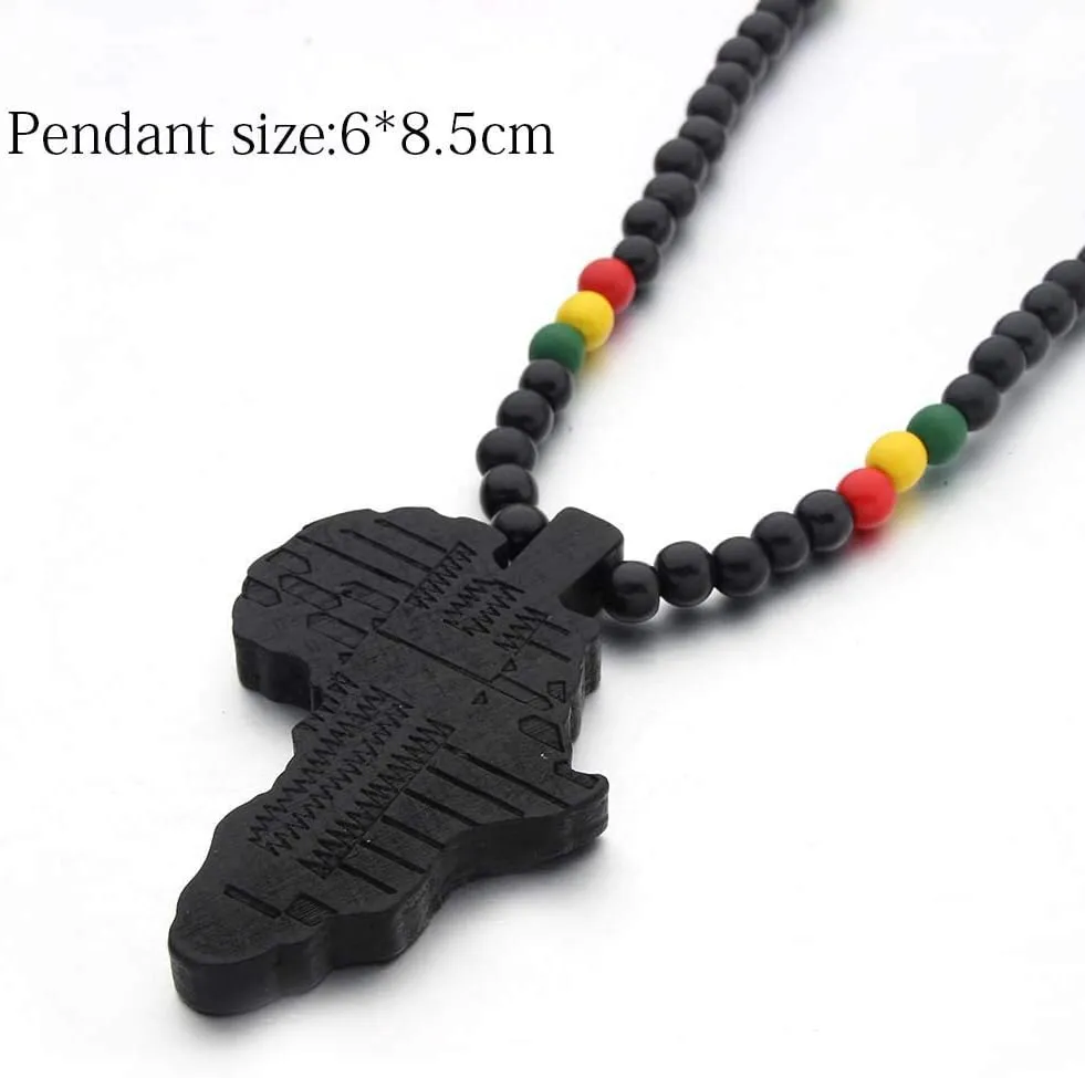 COLORFUL BLING Multicolor 8MM Wooden Bead Chain African Hip-hop Africa Map Pendant Necklace for Men Boys Natural Wood Jewelry