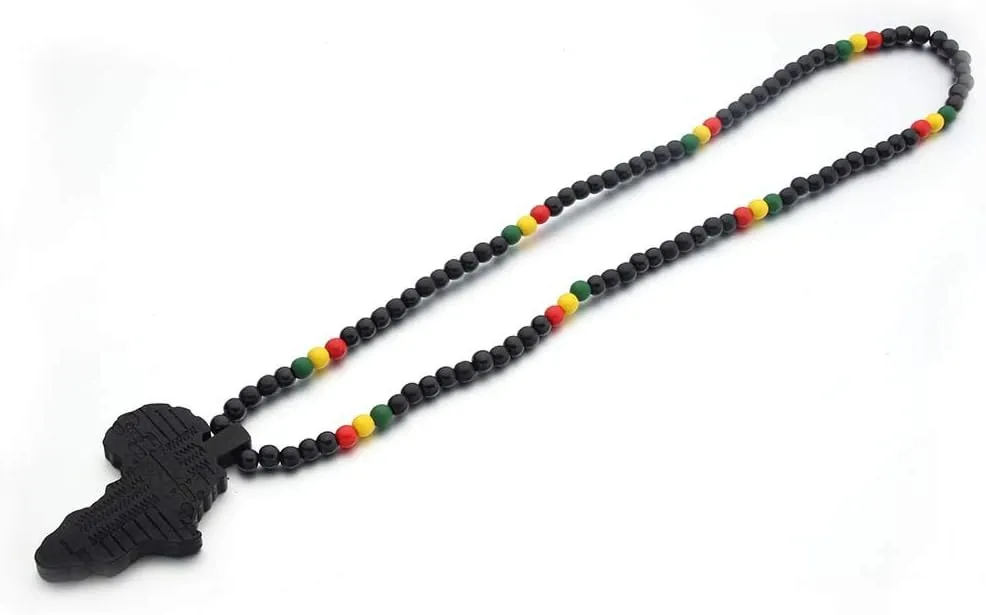 COLORFUL BLING Multicolor 8MM Wooden Bead Chain African Hip-hop Africa Map Pendant Necklace for Men Boys Natural Wood Jewelry