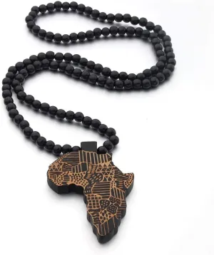 COLORFUL BLING Multicolor 8MM Wooden Bead Chain African Hip-hop Africa Map Pendant Necklace for Men Natural Wood Jewelry