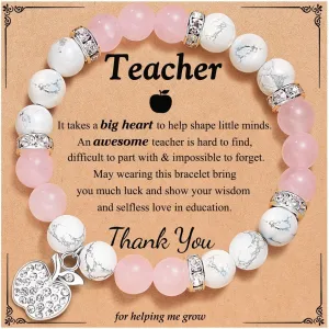 COLORFUL BLING Natural Stone Amethyst Healing Crystal Bead Bracelet with Meanningful Card Rhinestone Apple Bee Inspirational Beaded Strand Bracelet for Women Teachers' Day Appreciation Gifts