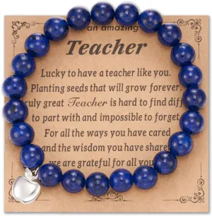 COLORFUL BLING Natural Stone Amethyst Healing Crystal Bead Bracelet with Meanningful Card Rhinestone Apple Bee Inspirational Beaded Strand Bracelet for Women Teachers' Day Appreciation Gifts