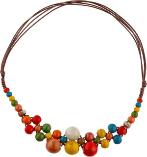 Colorful Ceramic Round Beads Necklace, Vintage Bohemian Style Beaded Strand Necklace Boho Hippie Beach Summer Statement Trendy Jewelry Accessories Gift for Women