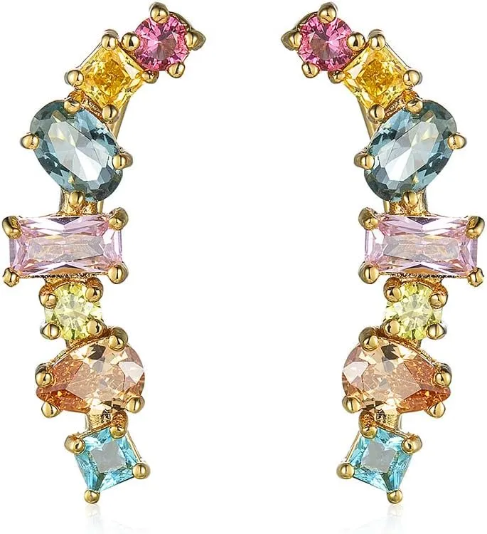 Colorful Crystal Climber Earrings for Women Cubic Zirconia Diamond Hoop Earrings Dangle Studs Statement Earrings Fashion Jewelry Gifts