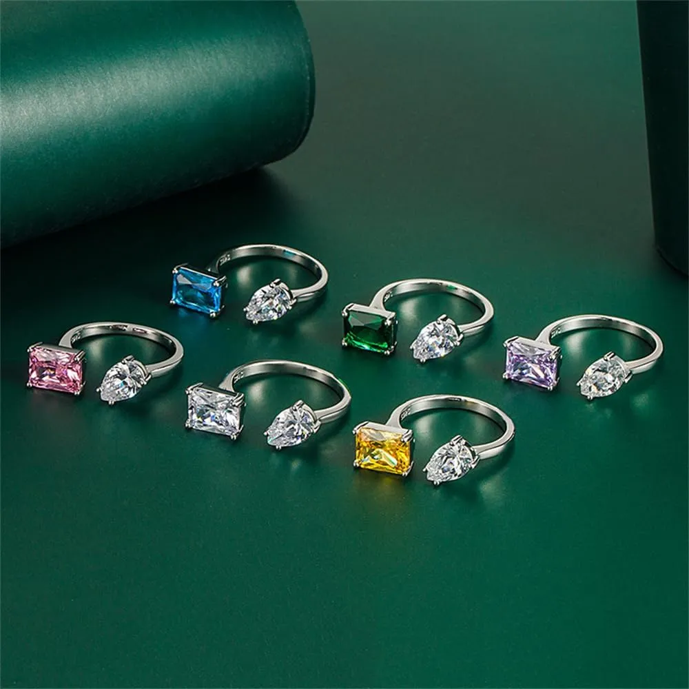 Colorful Cubic Zirconia Teardrop Rectangular Ring Geometric Adjustable Jewelry for Women