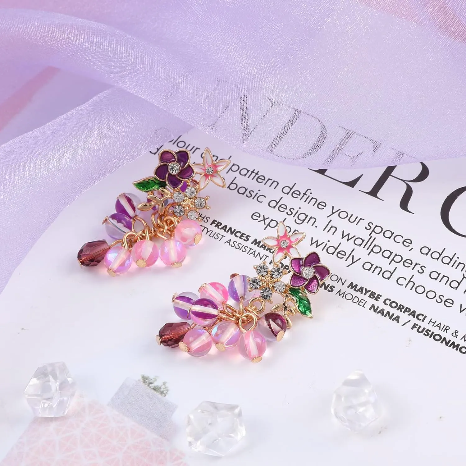 Colorful Dangle Beaded Earrings for Women Drop Pearl Stone Beads Gold Plated Statement Earrings Handmade Fashion Jewelry Gift for Women, Flower/Sun Moon/Butterfly/Bow