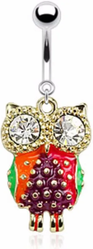 Colorful Epoxy Owl with CZ Eyes Dangle WildKlass Navel Ring 316L Surgical Steel (Sold by Piece)