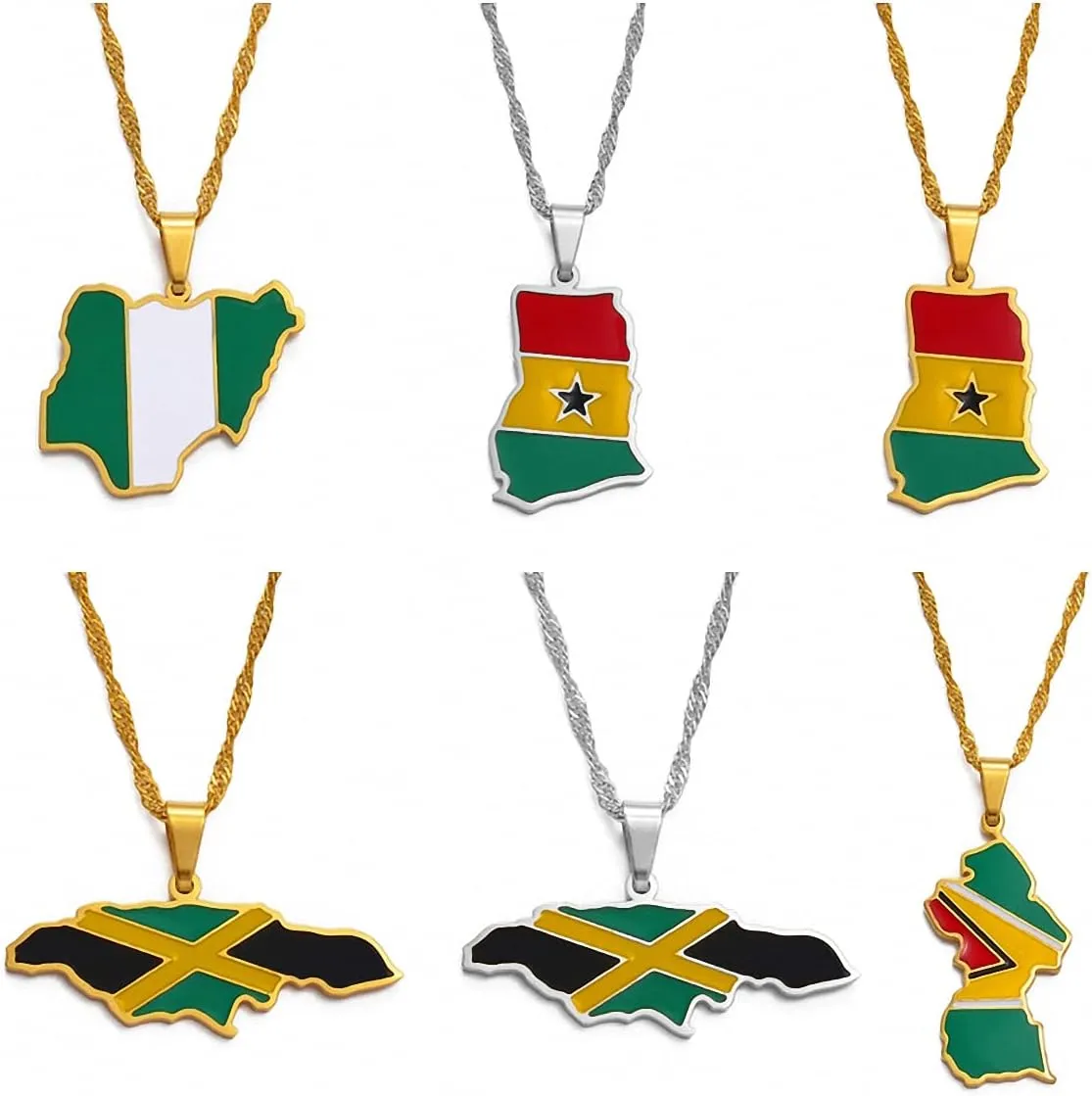 Colorful Flags Nigeria Ghana Jamaica Maps Stainless Steel Enamel Pendant Necklace
