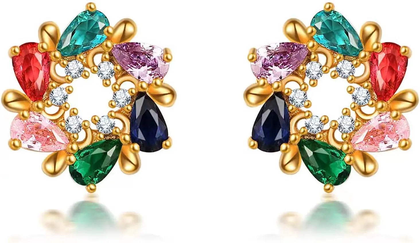 Colorful Flower Earrings 18K Gold Plated Multicolor Cubic Zirconia Huggie Stud Earrings for Women Cubic Zircon Earrings CZ Jewelry Gifts (Colorful Flower & CZ-8)