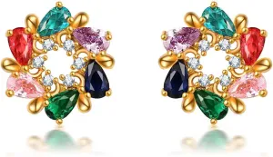 Colorful Flower Earrings 18K Gold Plated Multicolor Cubic Zirconia Huggie Stud Earrings for Women Cubic Zircon Earrings CZ Jewelry Gifts (Colorful Flower & CZ-8)