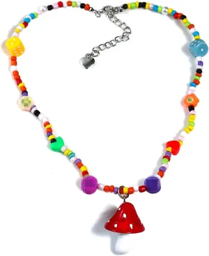 Colorful Fresh Mushroom Heart Rainbow Beaded Pendant Necklace Resin Choker for Women Handmade Multicolor Bohemian Jewelry-red