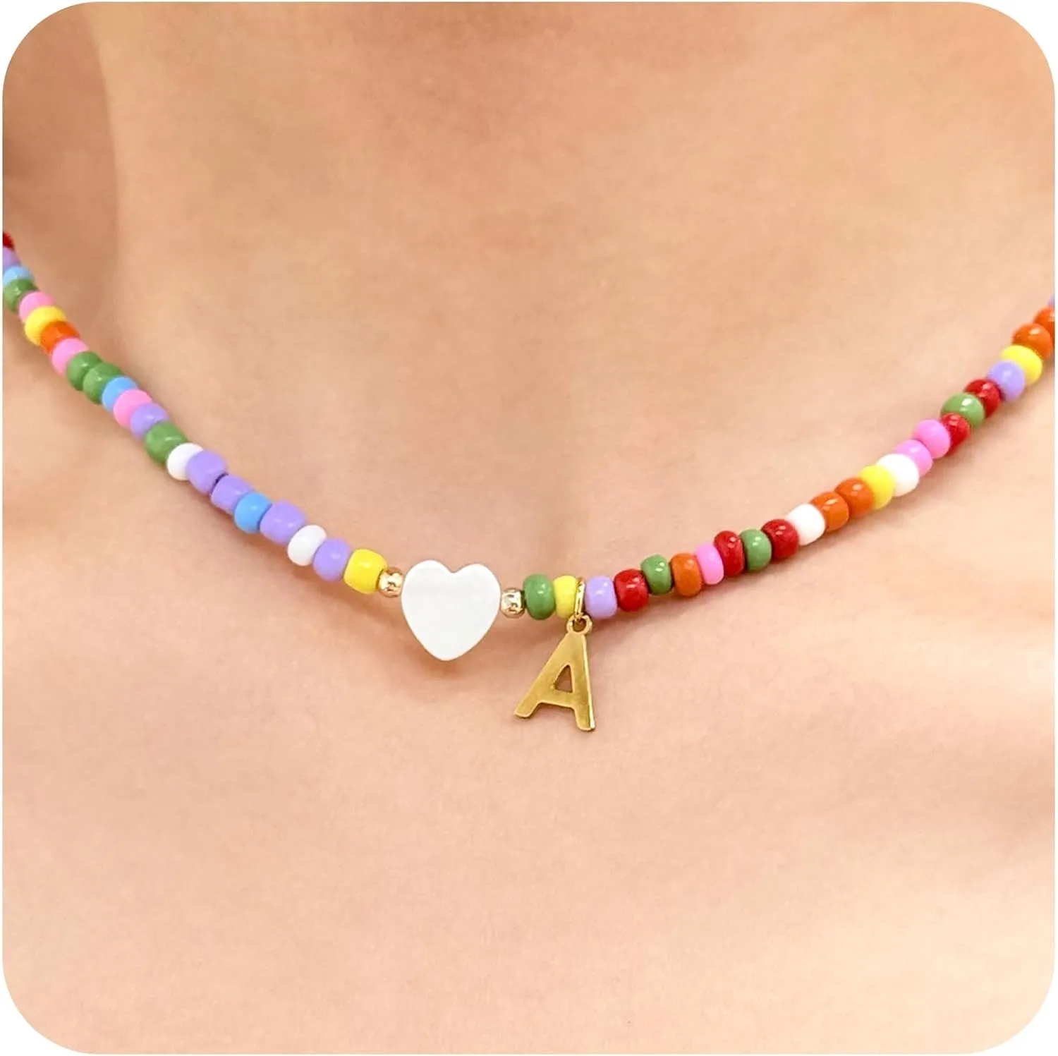 Colorful Initial Cute Necklaces for Women,Trendy Beaded Choker Necklace with Personalized 18K Gold Plated 26 Letter A-Z & Heart Shaped Shells for women Jewelry Gift