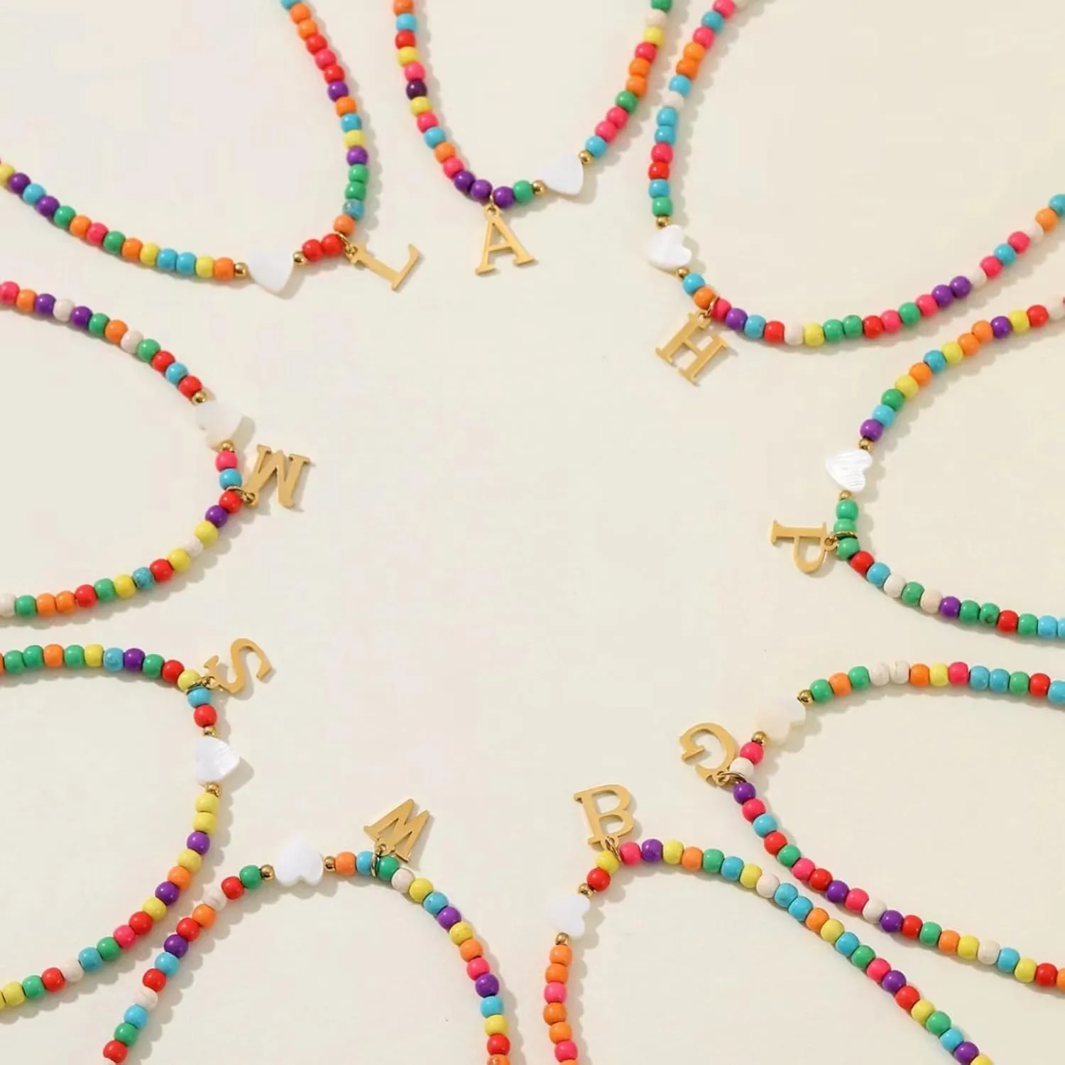 Colorful Initial Cute Necklaces for Women,Trendy Beaded Choker Necklace with Personalized 18K Gold Plated 26 Letter A-Z & Heart Shaped Shells for women Jewelry Gift