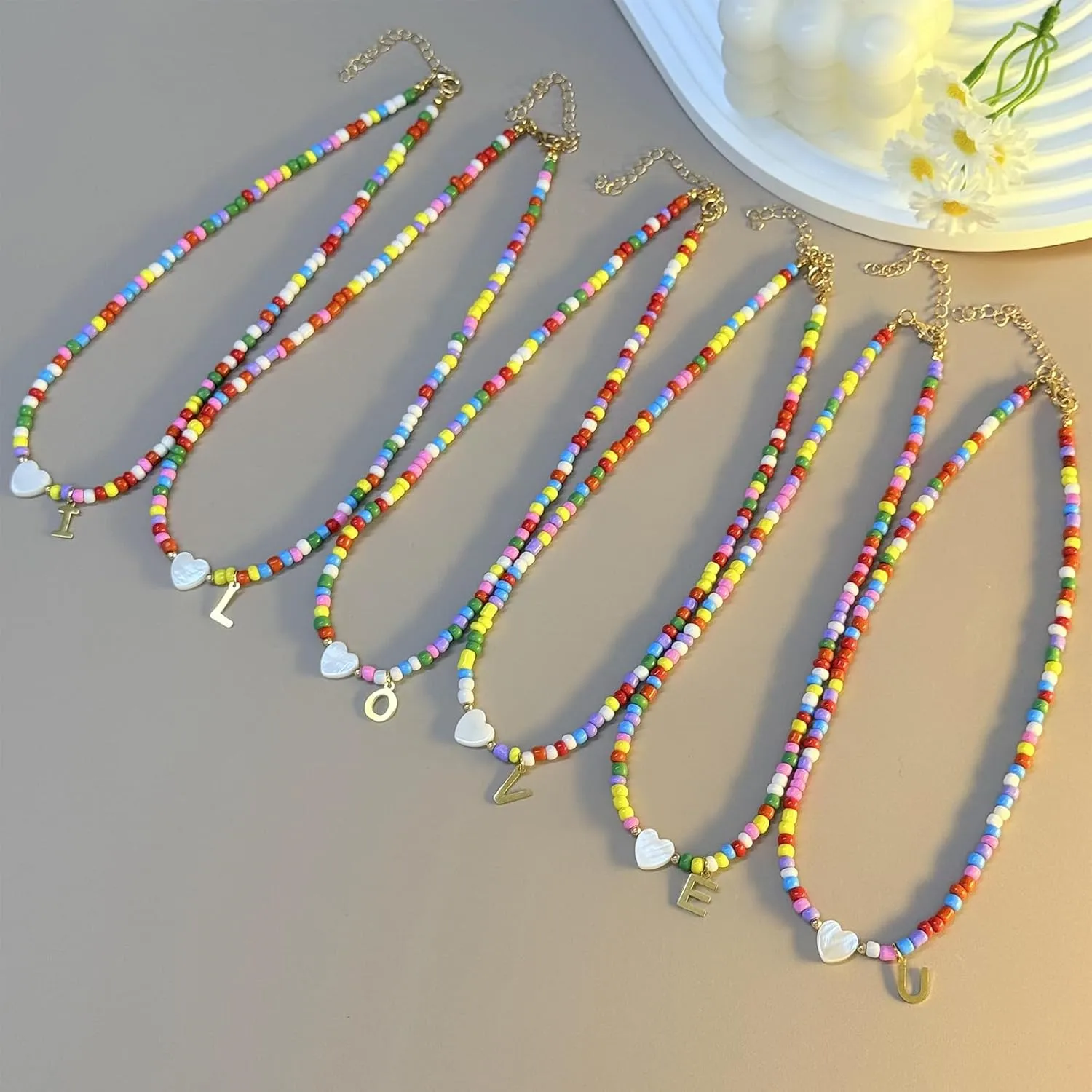 Colorful Initial Cute Necklaces for Women,Trendy Beaded Choker Necklace with Personalized 18K Gold Plated 26 Letter A-Z & Heart Shaped Shells for women Jewelry Gift