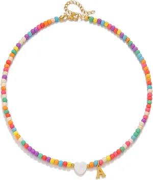 Colorful Initial Cute Necklaces for Women,Trendy Beaded Choker Necklace with Personalized 18K Gold Plated 26 Letter A-Z & Heart Shaped Shells for women Jewelry Gift
