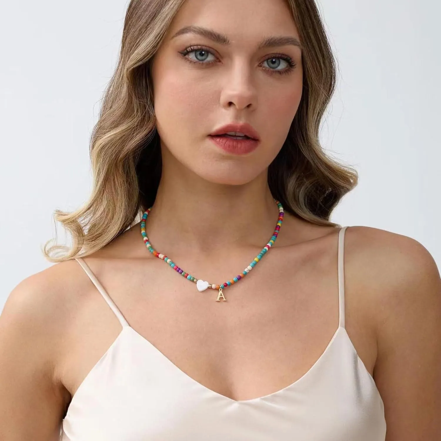 Colorful Initial Cute Necklaces for Women,Trendy Beaded Choker Necklace with Personalized 18K Gold Plated 26 Letter A-Z & Heart Shaped Shells for women Jewelry Gift