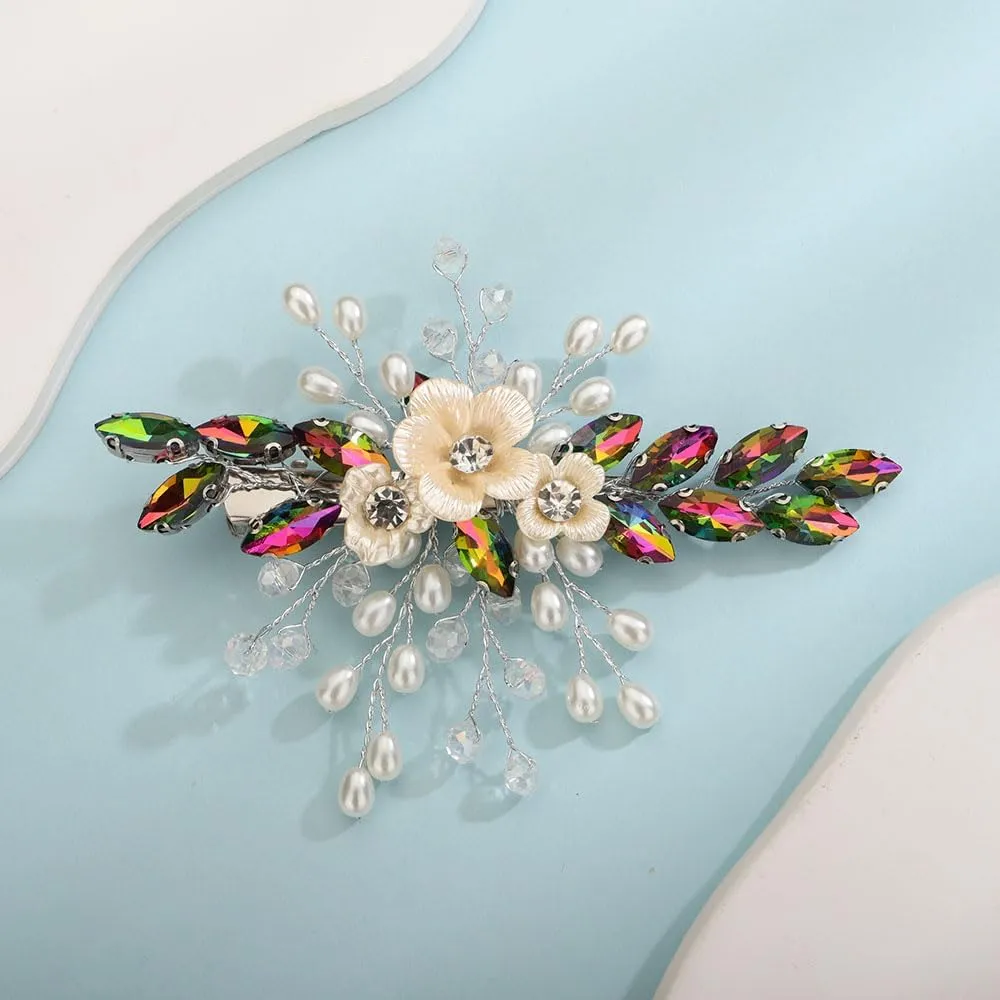 Colorful Rhinestones Flower Hair Clip with Pearl Beads Women Girls Wedding Bridal Hair Piece Handmade Hair Jewelry (Colorful)