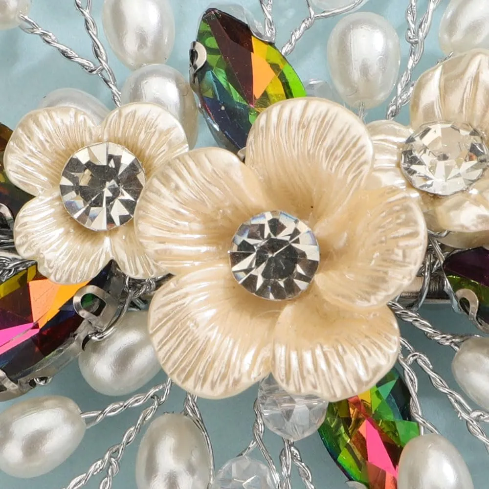 Colorful Rhinestones Flower Hair Clip with Pearl Beads Women Girls Wedding Bridal Hair Piece Handmade Hair Jewelry (Colorful)