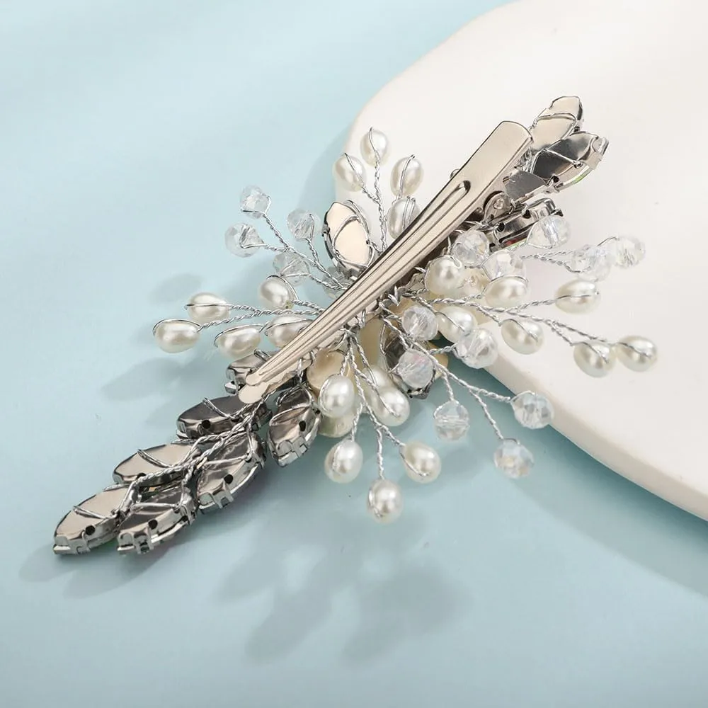 Colorful Rhinestones Flower Hair Clip with Pearl Beads Women Girls Wedding Bridal Hair Piece Handmade Hair Jewelry (Colorful)