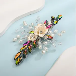 Colorful Rhinestones Flower Hair Clip with Pearl Beads Women Girls Wedding Bridal Hair Piece Handmade Hair Jewelry (Colorful)