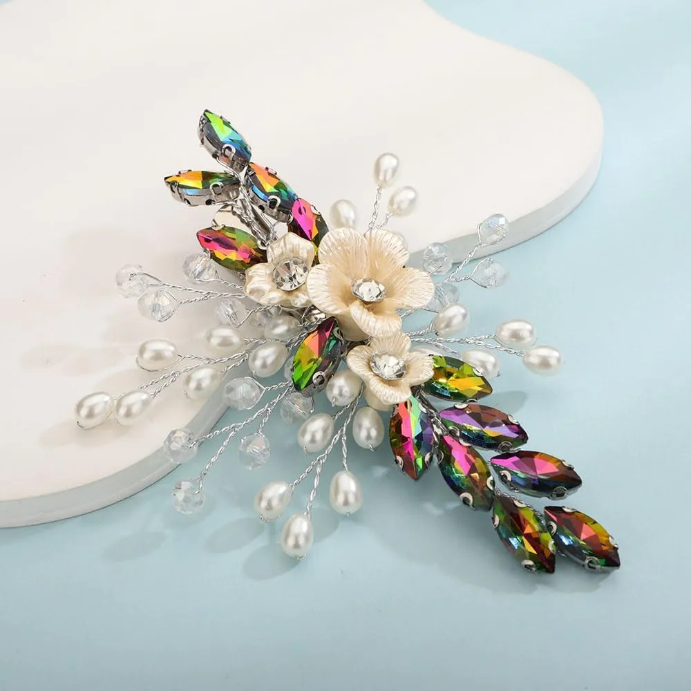 Colorful Rhinestones Flower Hair Clip with Pearl Beads Women Girls Wedding Bridal Hair Piece Handmade Hair Jewelry (Colorful)