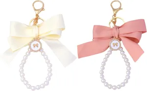Coquette Pearl Bow Keychain -Vintage 2Pcs Beige/Pink Bowknot & Pearl Keyring Charms for Handbags, Tote Bags, Car Accessories (Aesthetic Gift)
