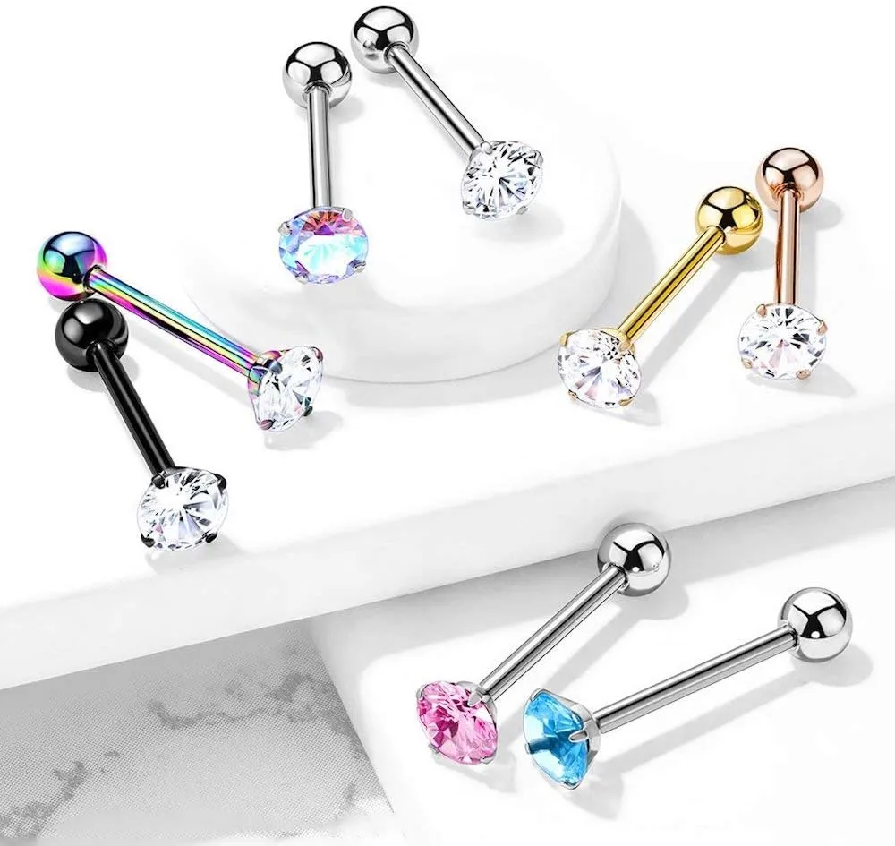 Covet Jewelry Prong Set Round CZ 316L Surgical Steel Barbell Tongue Rings (Aqua)