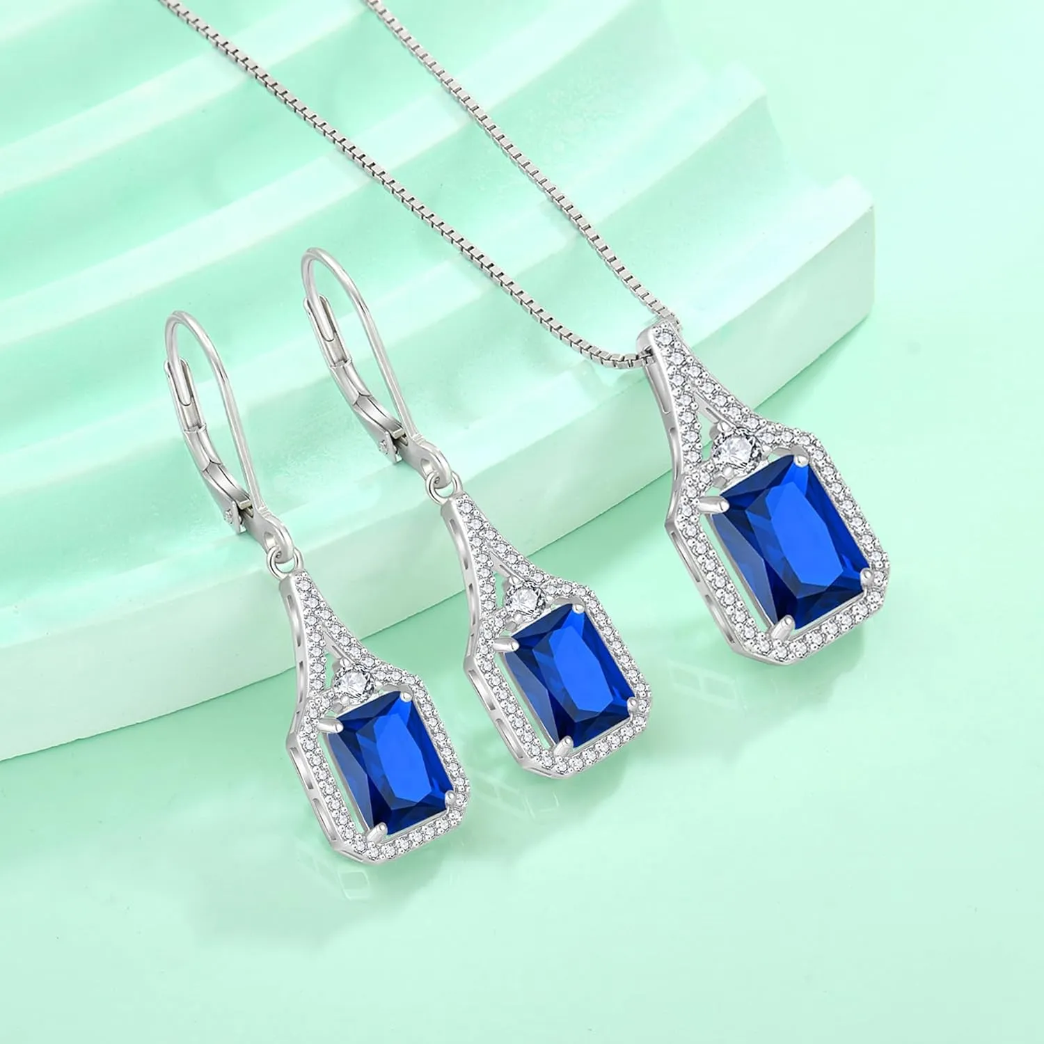 Created Gemstone Necklace 925 Sterling Silver Halo Rectangular Pendant Birthstone Necklaces Jewelry Gifts for Women