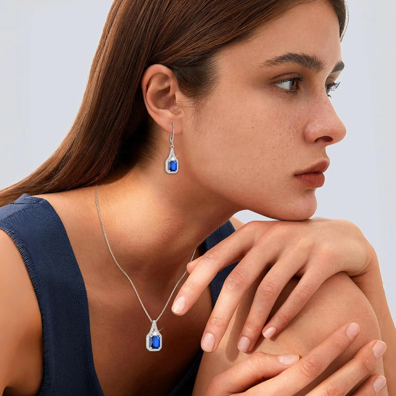 Created Gemstone Necklace 925 Sterling Silver Halo Rectangular Pendant Birthstone Necklaces Jewelry Gifts for Women