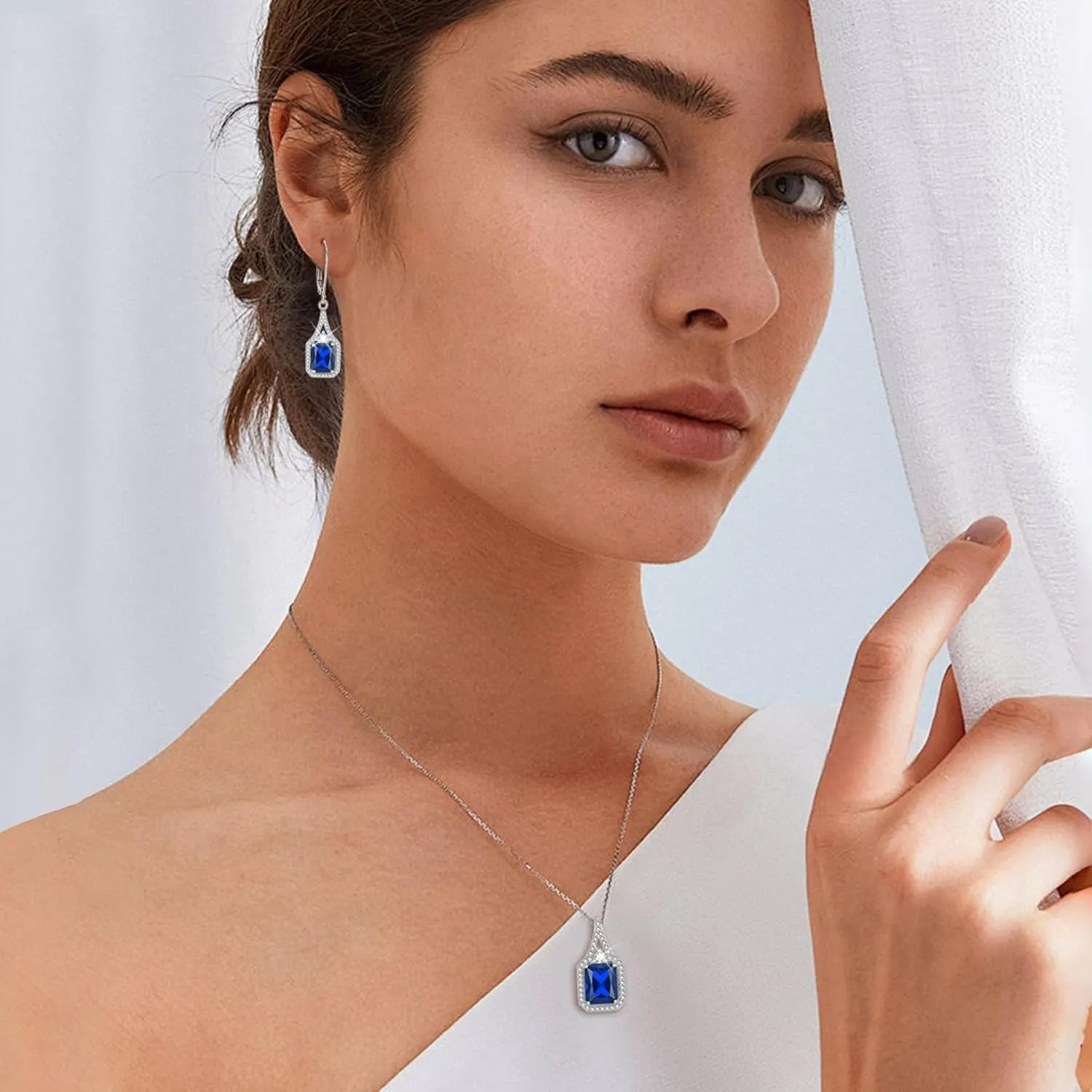 Created Gemstone Necklace 925 Sterling Silver Halo Rectangular Pendant Birthstone Necklaces Jewelry Gifts for Women