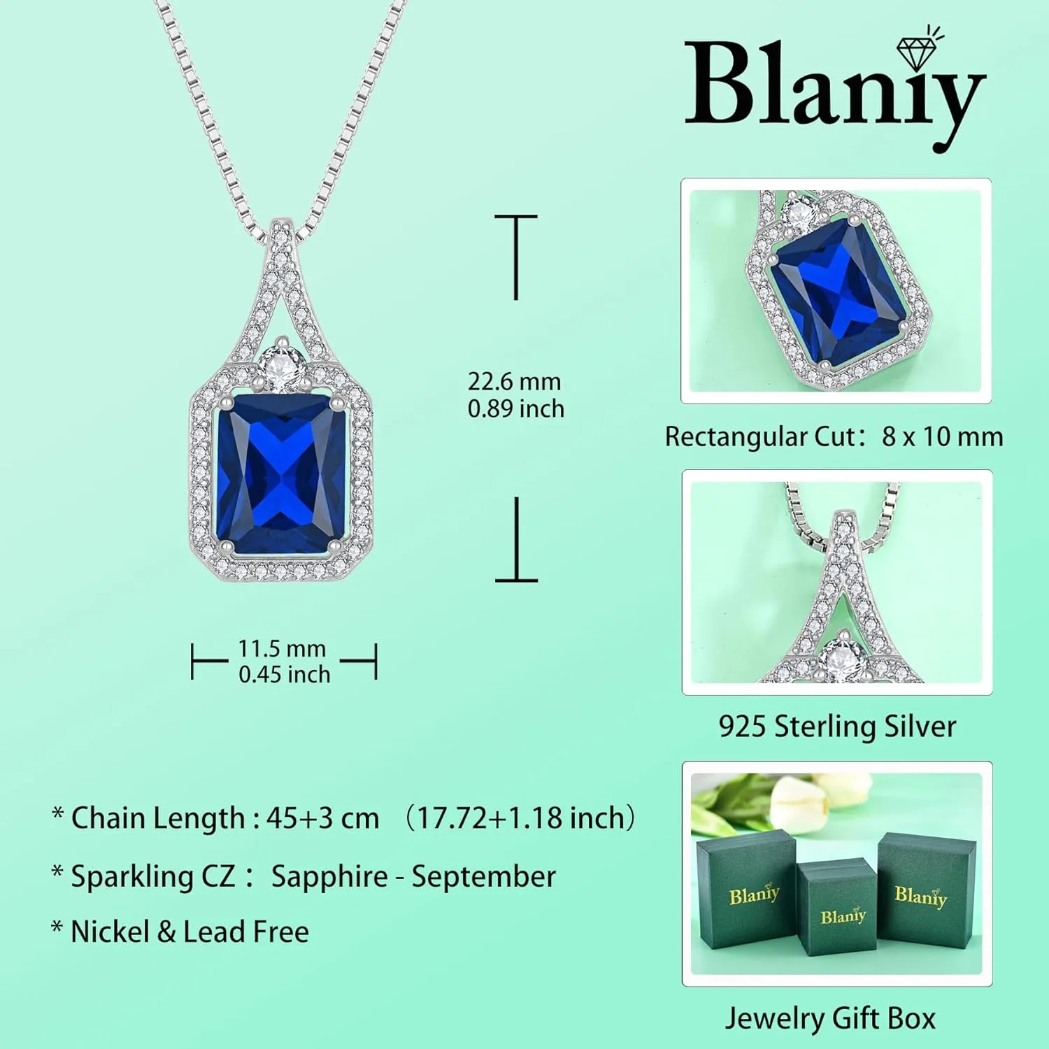 Created Gemstone Necklace 925 Sterling Silver Halo Rectangular Pendant Birthstone Necklaces Jewelry Gifts for Women