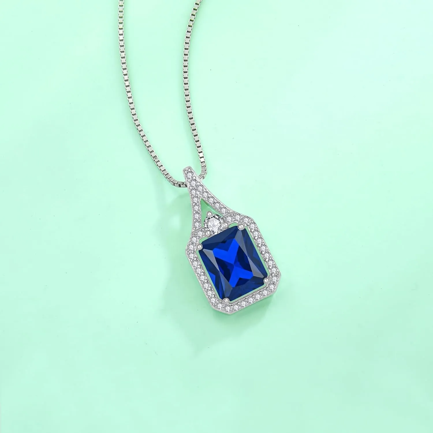 Created Gemstone Necklace 925 Sterling Silver Halo Rectangular Pendant Birthstone Necklaces Jewelry Gifts for Women
