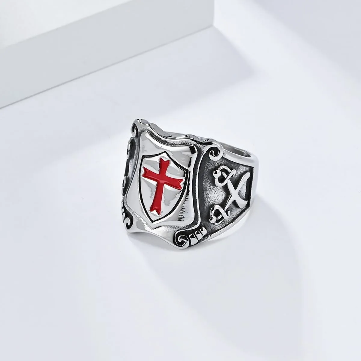 Cross Celtic Carved Signet Stainless Steel Ring for Men Silver Black Shield Christian Cool Metal Vintage Nordic Viking Religous Ring Biker Punk Jewelry