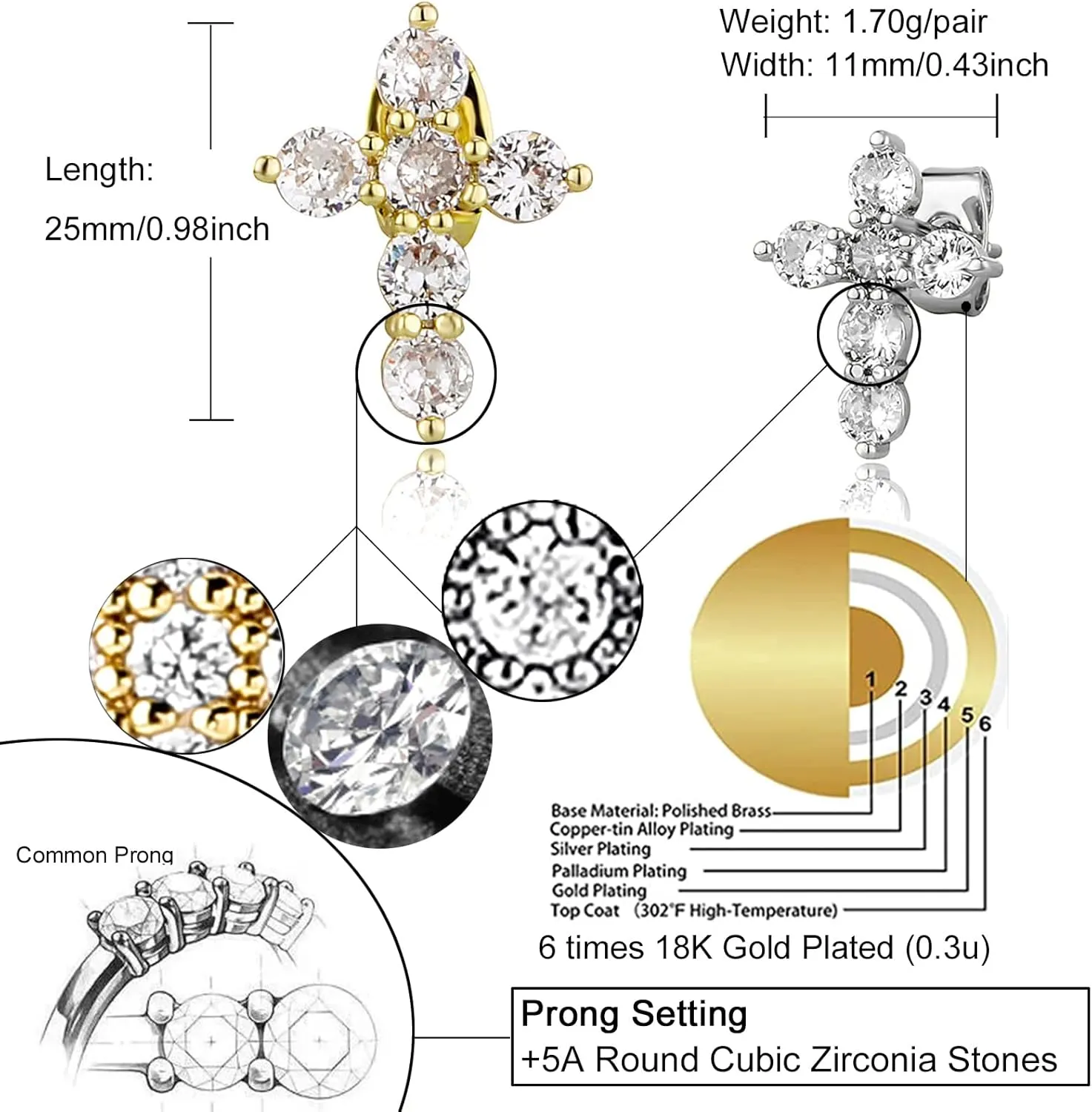Cross Earrings 14K Gold Plated Dainty Mens Cross Stud Earrings Cubic Zirconia Religious Earring Studs for Men