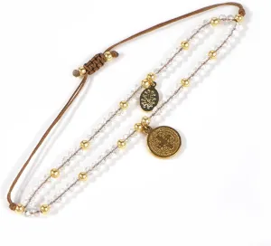 Cross Jesus Coin Crystal Beaded Bracelet for Women,Handmade Boho Gold Plate Beads Coin Religious Braided Jewelry Gift Mom Friendship