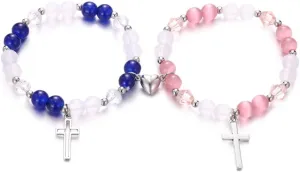 Cross Matching Bracelets for Couple Women Men Vintage Crucifix Heart Stone Bracelet Pink Green Beads Bracelets Friendship Relationship Promise Bracelet for Best Friends Trendy Jewelry Gifts