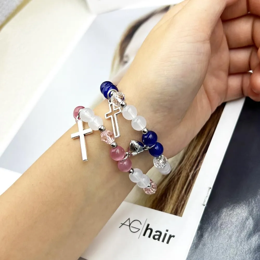 Cross Matching Bracelets for Couple Women Men Vintage Crucifix Heart Stone Bracelet Pink Green Beads Bracelets Friendship Relationship Promise Bracelet for Best Friends Trendy Jewelry Gifts