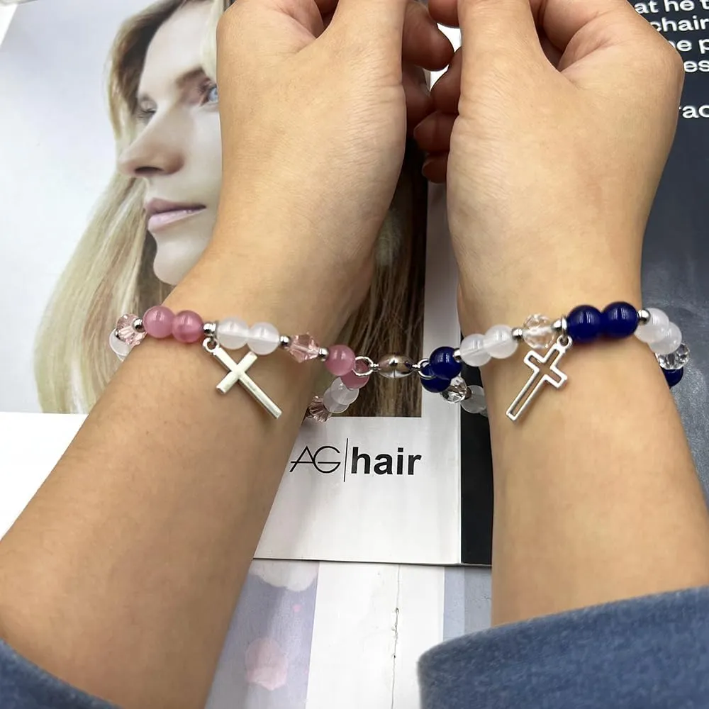 Cross Matching Bracelets for Couple Women Men Vintage Crucifix Heart Stone Bracelet Pink Green Beads Bracelets Friendship Relationship Promise Bracelet for Best Friends Trendy Jewelry Gifts