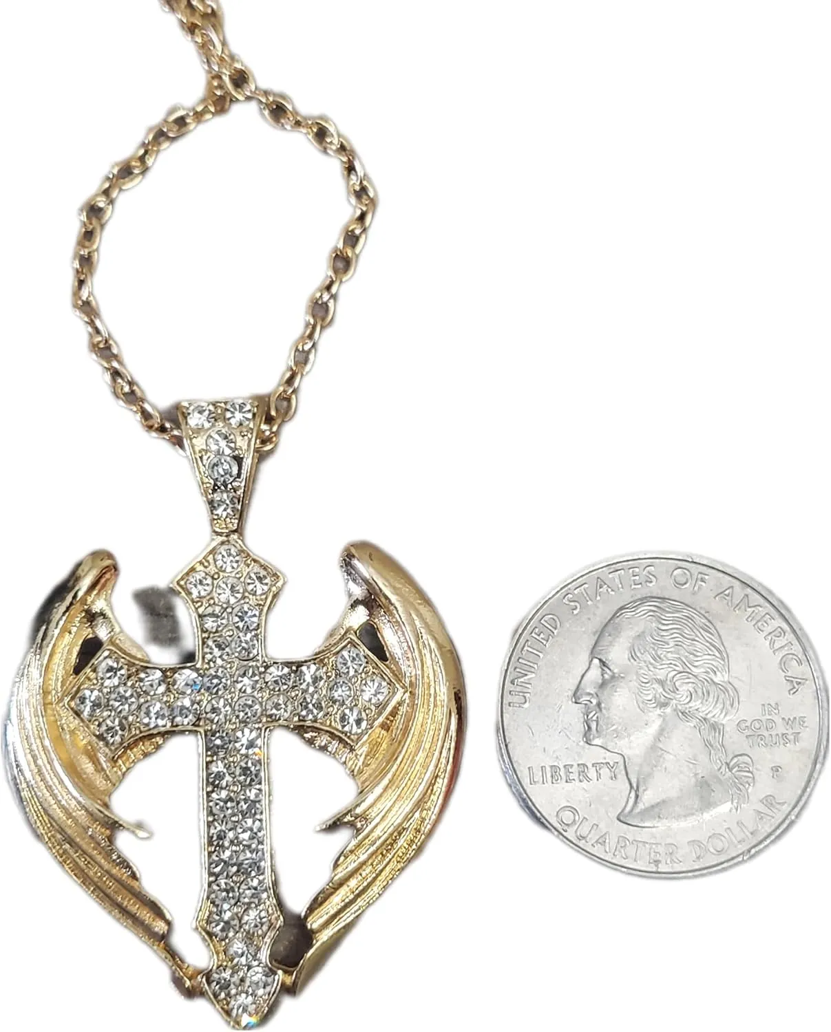 Crystal Angel Wings Cross Pendant Necklace, Gold-Tone Chain, Rhinestone Embellished