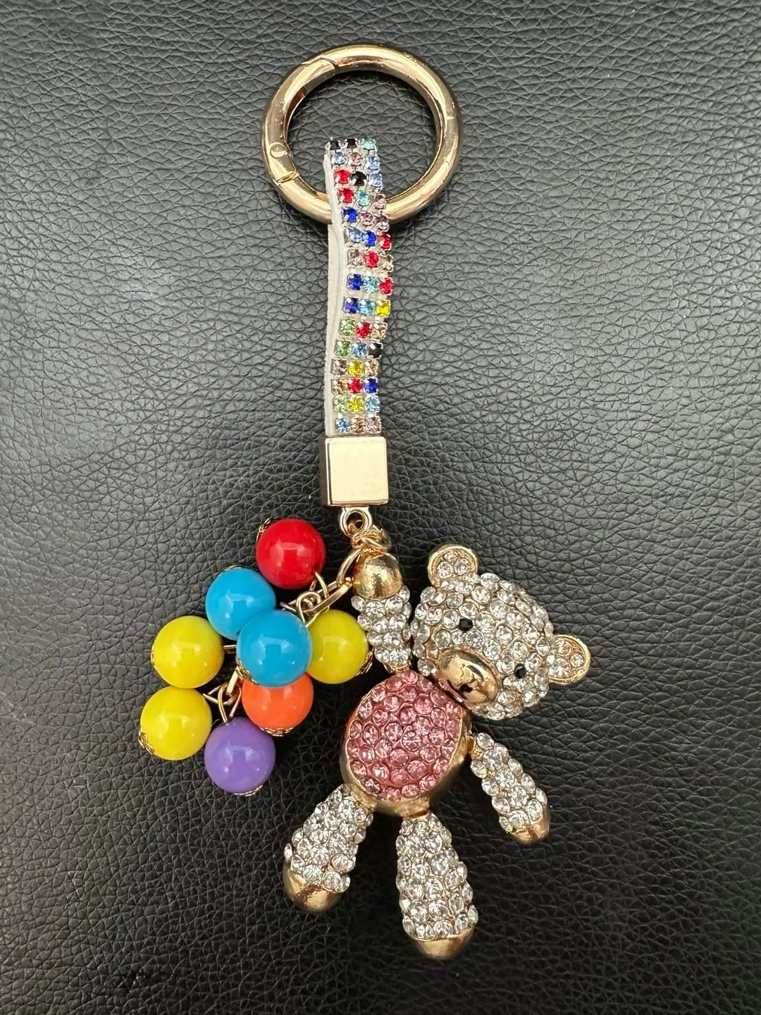 Crystal Bling Teddy Bear with Balloons Keychain, Key Ring, Charm Accessory
