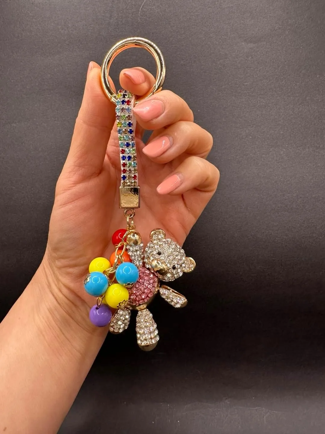 Crystal Bling Teddy Bear with Balloons Keychain, Key Ring, Charm Accessory