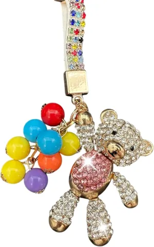 Crystal Bling Teddy Bear with Balloons Keychain, Key Ring, Charm Accessory
