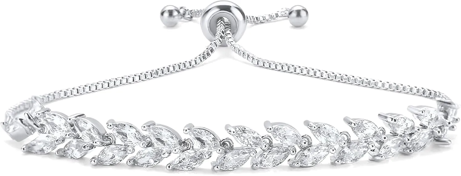 Crystal Leaf Bracelet for Women Adjustable Cubic Zirconia Tennis Chain 18K Gold Plated Bridal Wedding Jewelry