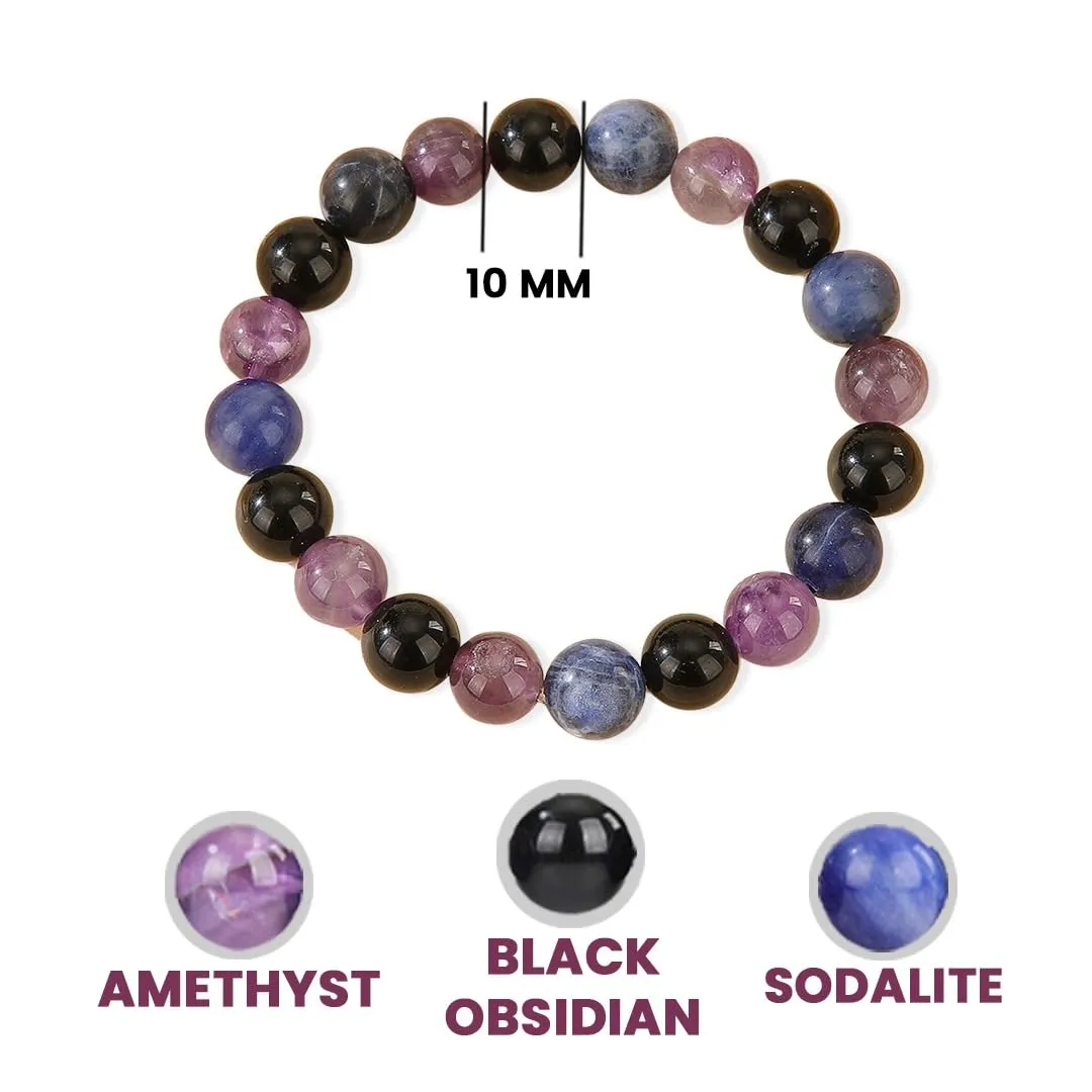 Crystal Vibe Empowerment Bracelet  Strength & Confidence Bracelet  Amethyst, Black Obsidian & Sodalite Crystal Bracelet - 10mm Beaded Bracelets For Men Women  Adjustable Size
